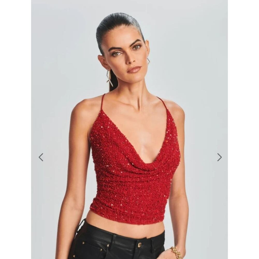 Retrofete Michal Sequin Top in Red Cowl Neck Size XXL Criss Cross Straps NWOT